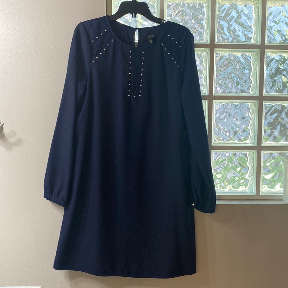 Jessica Simpson LongSleeve Dress, Navy, Lace w/ Gold Accents, fully lined, sz 14